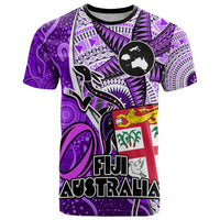 Personalised Fiji Australia Rugby T Shirt Kangaroo and Palm Tree Purple Tapa Pattern Mix Aboriginal LT03 Purple - Polynesian Pride