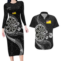 Personalised Niue Darts Masters Couples Matching Long Sleeve Bodycon Dress and Hawaiian Shirt Tribal Hiapo Dartboard - Polynesian Pride