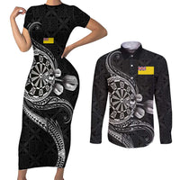 Personalised Niue Darts Masters Couples Matching Short Sleeve Bodycon Dress and Long Sleeve Button Shirt Tribal Hiapo Dartboard - Polynesian Pride
