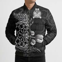 Personalised New Zealand Aotearoa Darts Masters Bomber Puffer Jacket Tribal Silver Fern and Ta Moko Dartboard - Polynesian Pride