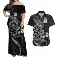 Personalised New Zealand Aotearoa Darts Masters Couples Matching Off Shoulder Maxi Dress and Hawaiian Shirt Tribal Silver Fern and Ta Moko Dartboard - Polynesian Pride