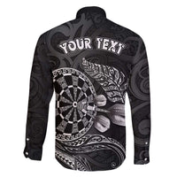 Personalised New Zealand Aotearoa Darts Masters Family Matching Off The Shoulder Long Sleeve Dress and Hawaiian Shirt Tribal Silver Fern and Ta Moko Dartboard - Polynesian Pride