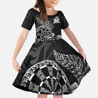 Personalised New Zealand Aotearoa Darts Masters Family Matching Short Sleeve Bodycon Dress and Hawaiian Shirt Tribal Silver Fern and Ta Moko Dartboard - Polynesian Pride
