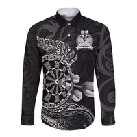 Personalised New Zealand Aotearoa Darts Masters Long Sleeve Button Shirt Tribal Silver Fern and Ta Moko Dartboard - Polynesian Pride