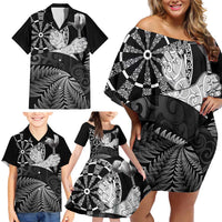 Personalised New Zealand Aotearoa Darts Masters Family Matching Off Shoulder Short Dress and Hawaiian Shirt Silver Fern and Maori Spirit - Polynesian Pride