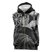 Personalised New Zealand Aotearoa Darts Masters Sleeveless Zip Hoodie Silver Fern and Maori Spirit LT03 Black - Polynesian Pride