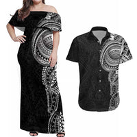 Traditional Polynesian Art Tattoos Couples Matching Off Shoulder Maxi Dress and Hawaiian Shirt Black Color - Polynesian Pride