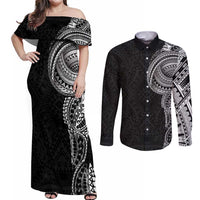 Traditional Polynesian Art Tattoos Couples Matching Off Shoulder Maxi Dress and Long Sleeve Button Shirt Black Color - Polynesian Pride
