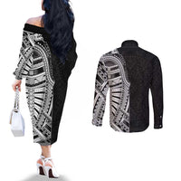 Traditional Polynesian Art Tattoos Couples Matching Off The Shoulder Long Sleeve Dress and Long Sleeve Button Shirt Black Color - Polynesian Pride