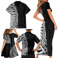 Traditional Polynesian Art Tattoos Family Matching Short Sleeve Bodycon Dress and Hawaiian Shirt Black Color - Polynesian Pride