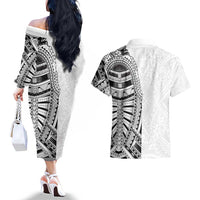 Traditional Polynesian Art Tattoos Couples Matching Off The Shoulder Long Sleeve Dress and Hawaiian Shirt White Color - Polynesian Pride