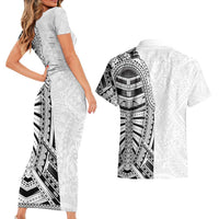 Traditional Polynesian Art Tattoos Couples Matching Short Sleeve Bodycon Dress and Hawaiian Shirt White Color - Polynesian Pride