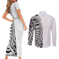 Traditional Polynesian Art Tattoos Couples Matching Short Sleeve Bodycon Dress and Long Sleeve Button Shirt White Color - Polynesian Pride