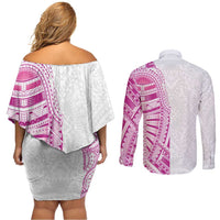 Traditional Polynesian Art Tattoos Couples Matching Off Shoulder Short Dress and Long Sleeve Button Shirt Pink Color - Polynesian Pride