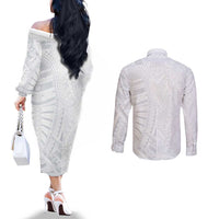 Lotu Tamaiti Couples Matching Off The Shoulder Long Sleeve Dress and Long Sleeve Button Shirt Traditional Samoan Art Tattoos - Polynesian Pride