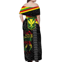 Kanaka Maoli Running Off Shoulder Maxi Dress Kakau Pattern with Kanaka Maoli Flag Color