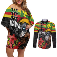 Kanaka Maoli Ikaika Warrior Couples Matching Off Shoulder Short Dress and Long Sleeve Button Shirt Hibiscus Kakau Art and Tapa Tribal Pattern