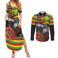 Kanaka Maoli Ikaika Warrior Couples Matching Summer Maxi Dress and Long Sleeve Button Shirt Hibiscus Kakau Art and Tapa Tribal Pattern