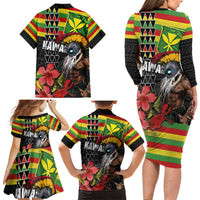 Kanaka Maoli Ikaika Warrior Family Matching Long Sleeve Bodycon Dress and Hawaiian Shirt Hibiscus Kakau Art and Tapa Tribal Pattern