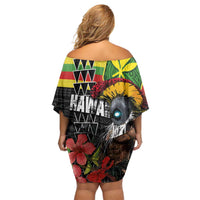 Kanaka Maoli Ikaika Warrior Off Shoulder Short Dress Hibiscus Kakau Art and Tapa Tribal Pattern