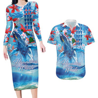 Hawaiian Waves Whale Couples Matching Long Sleeve Bodycon Dress and Hawaiian Shirt Kakau Art and Tropical Red Hibiscus Flowers
