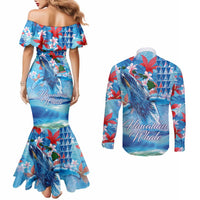 Hawaiian Waves Whale Couples Matching Mermaid Dress and Long Sleeve Button Shirt Kakau Art and Tropical Red Hibiscus Flowers