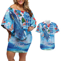 Hawaiian Waves Whale Couples Matching Off Shoulder Short Dress and Hawaiian Shirt Kakau Art and Tropical Red Hibiscus Flowers