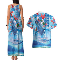 Hawaiian Waves Whale Couples Matching Tank Maxi Dress and Hawaiian Shirt Kakau Art and Tropical Red Hibiscus Flowers