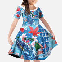 Hawaiian Waves Whale Family Matching Mermaid Dress and Hawaiian Shirt Kakau Art and Tropical Red Hibiscus Flowers
