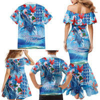 Hawaiian Waves Whale Family Matching Mermaid Dress and Hawaiian Shirt Kakau Art and Tropical Red Hibiscus Flowers