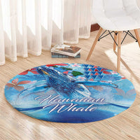 Hawaiian Waves Whale Round Carpet Kakau Art and Tropical Red Hibiscus Flowers