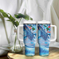 Hawaiian Waves Whale Tumbler With Handle Kakau Art and Tropical Red Hibiscus Flowers