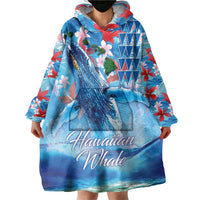 Hawaiian Waves Whale Wearable Blanket Hoodie Kakau Art and Tropical Red Hibiscus Flowers