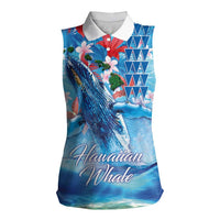 Hawaiian Waves Whale Women Sleeveless Polo Shirt Kakau Art and Tropical Red Hibiscus Flowers