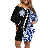 Fiji Queen Victoria School Family Matching Off Shoulder Short Dress and Hawaiian Shirt Tapa and Polynesian Tribal Pattern Half Style LT03 Mom's Dress Black - Polynesian Pride