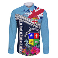 Fiji Lelean Memorial School Family Matching Tank Maxi Dress and Hawaiian Shirt Tapa and Polynesian Tribal Pattern LT03 Dad's Shirt - Long Sleeve Blue - Polynesian Pride