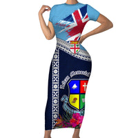 Fiji Lelean Memorial School Short Sleeve Bodycon Dress Tapa and Polynesian Tribal Pattern LT03 Long Dress Blue - Polynesian Pride