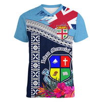 Fiji Lelean Memorial School Women V Neck T Shirt Tapa and Polynesian Tribal Pattern LT03 Female Blue - Polynesian Pride