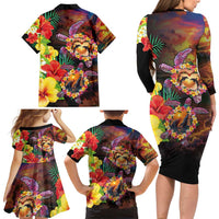 Hawaiian Sea Animals Love Couple Family Matching Long Sleeve Bodycon Dress and Hawaiian Shirt Aloha Sunset Symphony