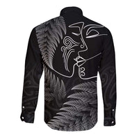 New Zealand Valentine's Day Long Sleeve Button Shirt Silver Fern and Line Art Love Couple