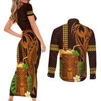 Hawaii Tiki Mask Cocktail Couples Matching Short Sleeve Bodycon Dress and Long Sleeve Button Shirt Kakau Tattoo LT03 - Polynesian Pride