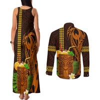 Hawaii Tiki Mask Cocktail Couples Matching Tank Maxi Dress and Long Sleeve Button Shirt Kakau Tattoo LT03 - Polynesian Pride