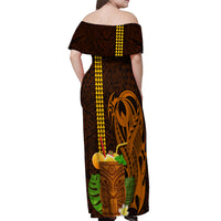 Hawaii Tiki Mask Cocktail Off Shoulder Maxi Dress Kakau Tattoo LT03 - Polynesian Pride