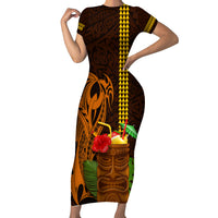Hawaii Tiki Mask Cocktail Short Sleeve Bodycon Dress Kakau Tattoo LT03 Long Dress Brown - Polynesian Pride