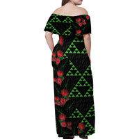 Hawaiian Green Kakau Art Tattoo-Ohia Lehua and Taro Leaves Family Matching Off Shoulder Maxi Dress and Hawaiian Shirt