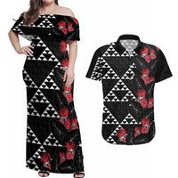 Hawaiian White Kakau Art Tattoo-Ohia Lehua and Taro Leaves Couples Matching Off Shoulder Maxi Dress and Hawaiian Shirt