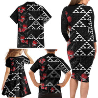 Hawaiian White Kakau Art Tattoo-Ohia Lehua and Taro Leaves Family Matching Long Sleeve Bodycon Dress and Hawaiian Shirt