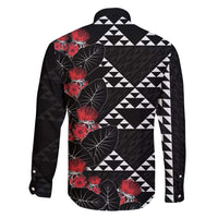 Hawaiian White Kakau Art Tattoo-Ohia Lehua and Taro Leaves Family Matching Off Shoulder Maxi Dress and Hawaiian Shirt