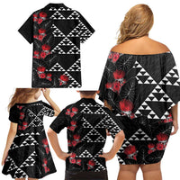 Hawaiian White Kakau Art Tattoo-Ohia Lehua and Taro Leaves Family Matching Off Shoulder Short Dress and Hawaiian Shirt