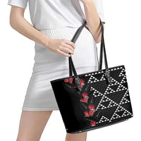 Hawaiian White Kakau Art Tattoo-Ohia Lehua and Taro Leaves Leather Tote Bag